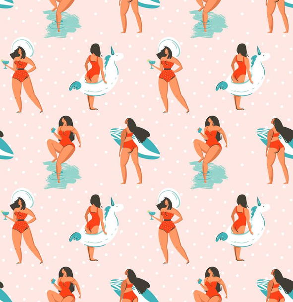 Ručně kreslený vektor abstraktní zábava letní čas ilustrace bezproblémové vzor se skupinovými dívkami, surfy a jednorožec plave kruhy na pastel polka tečky texturované pozadí - Vektor, obrázek