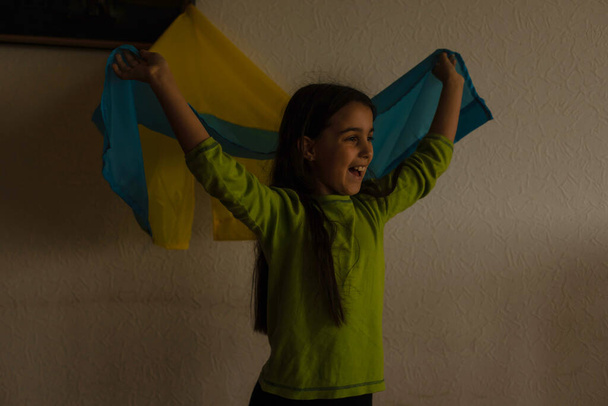 Criança carrega fluttering bandeira azul e amarela da Ucrânia isolado em branco. Dia da Independência da Ucrânia. Dia da Bandeira. Dia da Constituição. Menina em bordado tradicional com bandeira da Ucrânia - Foto, Imagem