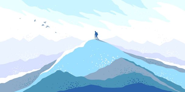 Beautiful scenic nature landscape with traveler pilgrim vector illustration winter season with grasslands meadows hills and mountains, snow and cold hiking traveling trip to the countryside concept. - Wektor, obraz