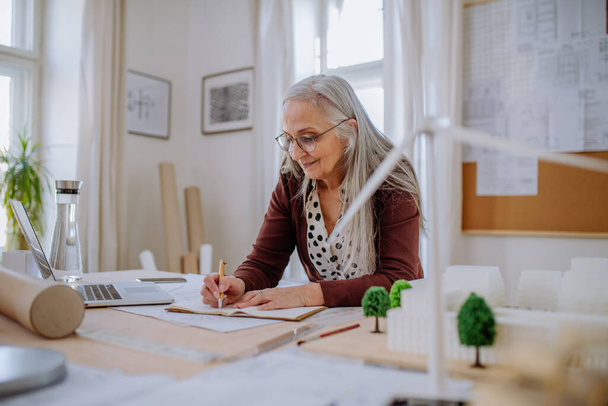 Senior woman architect with model of houses standing in office and and writing notes. - Foto, Imagem