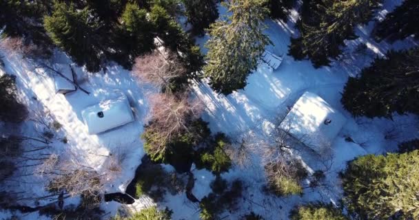 Paesaggio invernale aereo sopra piccola casa capanna di legno. Un volo con droni  - Filmati, video
