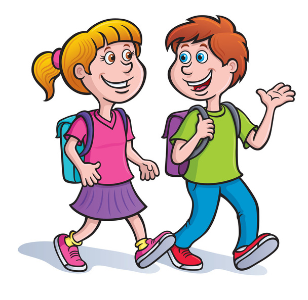 Boy and Girl Walking and Talking with Backpacks On - Photo, image