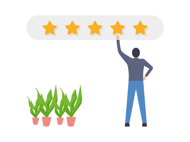 Mensen personages geven vijf sterren feedback, Beoordelingen sterren goed en slecht tarief illustratie. - Vector, afbeelding