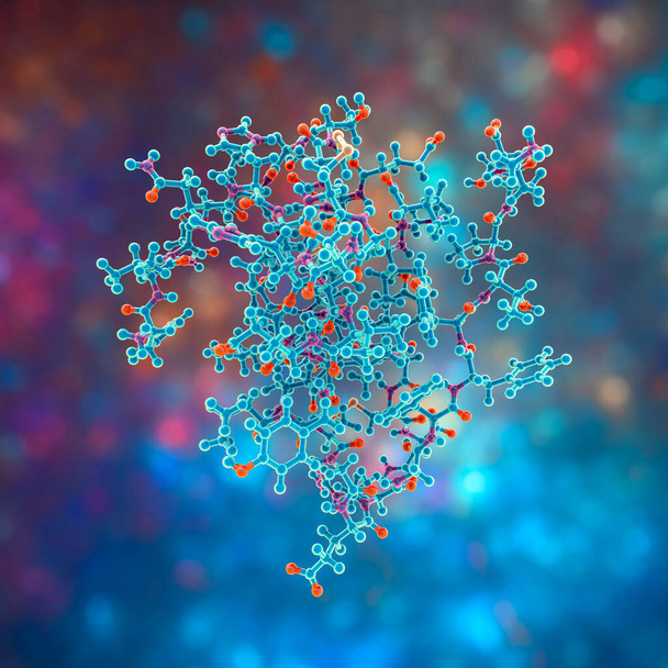 Molécula de hormônio da insulina humana, ilustração 3D. Medicamento no tratamento da diabetes - Foto, Imagem