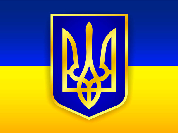 Símbolos ucranianos. Escudo de armas de Ucrania en el fondo de la bandera de Ucrania. Ilustración vectorial - Vector, imagen