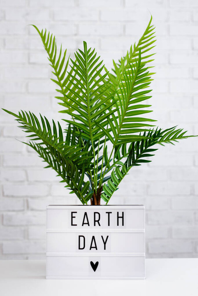 Earth Day Konzept - Leuchtkasten mit Earth Day Words und Farnpflanze auf weißem Hintergrund - Foto, Bild