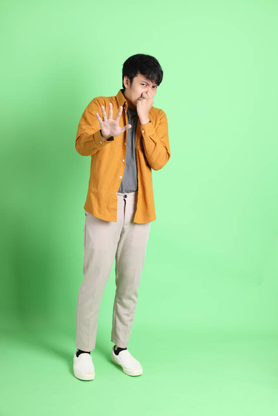 Nuori aikuinen aasialainen mies, jolla on älykkäät rento vaatteet seisoo vaaleanvihreällä taustalla. - Valokuva, kuva