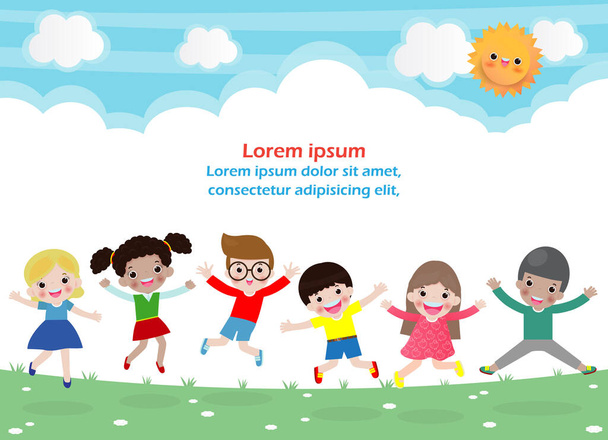 Kids jumping on the park, children jump with joy, happy cartoon child playing on the playground, isolated background Template for advertising brochure,your text Vector Illustration - Vector, Image
