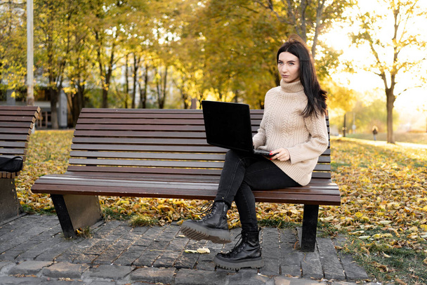 Nainen bloggaaja työskentelee kannettavan kaupungin puistossa, tyttö pusero syksyllä, etätyö ja tulos verkossa, teknologian käsite - Valokuva, kuva
