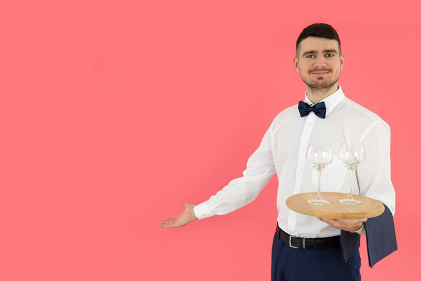 Concept of job with young man waiter, space for text - 写真・画像
