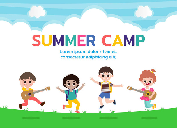 Концепция обучения детей летних лагерей Шаблон для рекламной брошюры, мероприятия на постере для кемпинга, Векторная иллюстрация - Вектор,изображение