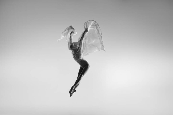Black and white portrait of graceful ballerina dancing with fabric, cloth isolated on grey studio background. Grace, art, beauty concept. Weightless, flexible. - Foto, Imagen