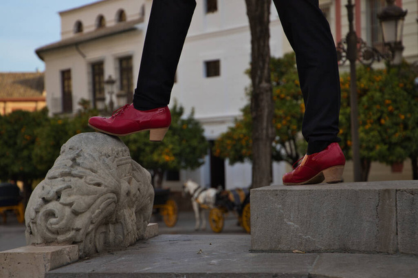 νεαρός και όμορφος άνδρας που χορεύει φλαμένκο, ντυμένος στα μαύρα και φορώντας κόκκινα παπούτσια, χορεύει στο δρόμο μπροστά από ένα μνημείο της πόλης. Φλαμένκο πολιτιστική κληρονομιά της ανθρωπότητας - Φωτογραφία, εικόνα