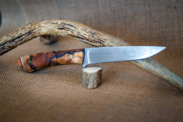 Lovecký nůž s vyleštěnou čepelí a dřevěnou rukojetí - Fotografie, Obrázek