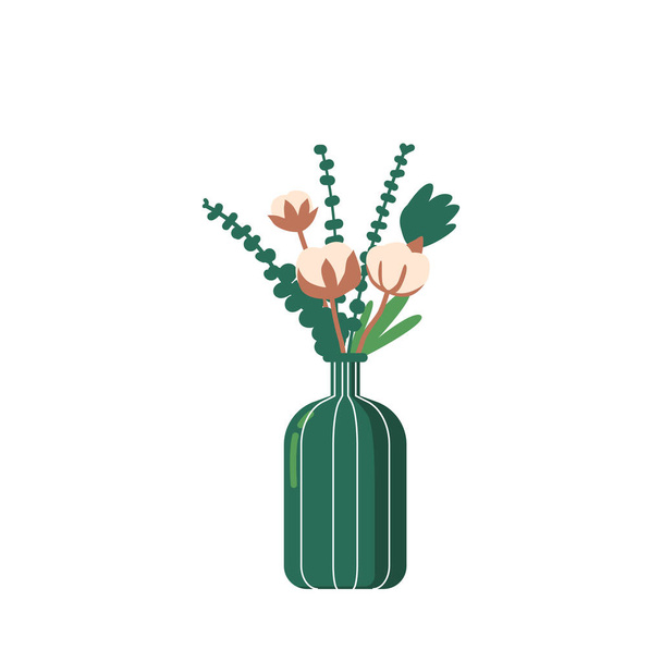 Квітковий букет у вазі, декоративні природні елементи, бавовняні бруньки, камені з зеленими листям, прекрасний подарунок квіти - Вектор, зображення