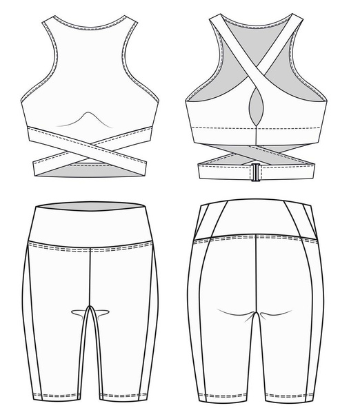 Girls Sports Bra and Cycling shorts fashion flat  sketch template. Women Active wear Crop top and Leggings technical fashion illustration. Front and back view. Outline fashion technical sketch set. - Vector, Image