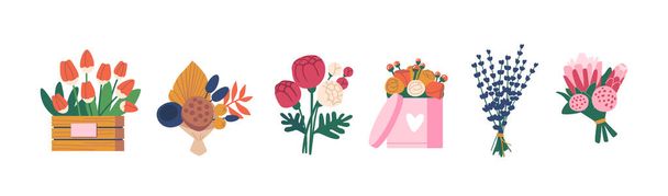 Conjunto de iconos Ramos de flores hermosas, regalos y regalos de flor, diseño florista en floreros y composiciones decorativas - Vector, Imagen