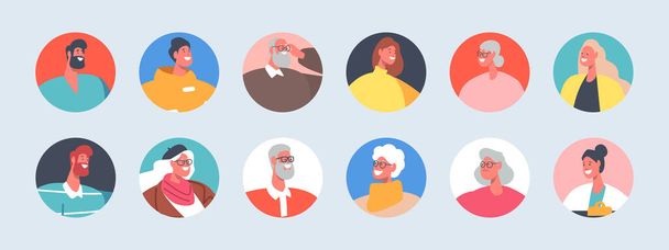 Set van mensen Avatars, tieners, senior, jonge en volwassen mannen of vrouwen portretten, geïsoleerde ronde pictogrammen, personages gezichten - Vector, afbeelding