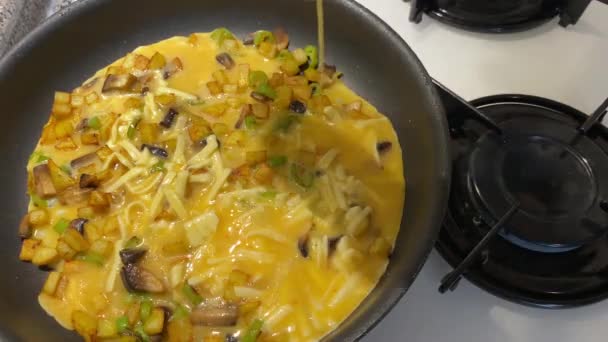 Preparing mushoom and potato with scrambled egg in the pan close up view - Footage, Video