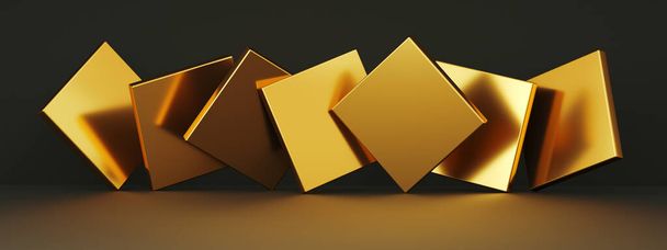golden squares on black background, luxury abstract background, 3d render, panoramic image - Photo, Image