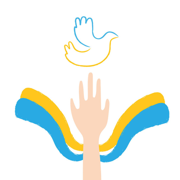 Σύμβολο της ειρήνης λευκό περιστέρι και το χέρι στον αέρα με κορδέλα σε χρώματα της ουκρανικής σημαίας. Υποστήριξη Ουκρανία  - Διάνυσμα, εικόνα