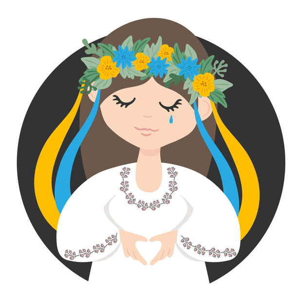 民族衣装のウクライナの女の子は泣くと手で心のサインを表示します。ウクライナのコンセプトをサポートします。白を基調としたベクトルフラットイラスト. - ベクター画像