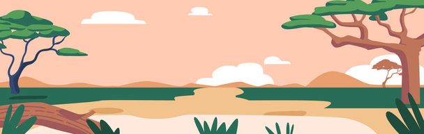 Paisaje de sabana africana, naturaleza salvaje de África, fondo de dibujos animados con árboles verdes, estanque, rocas y praderas llanas - Vector, Imagen