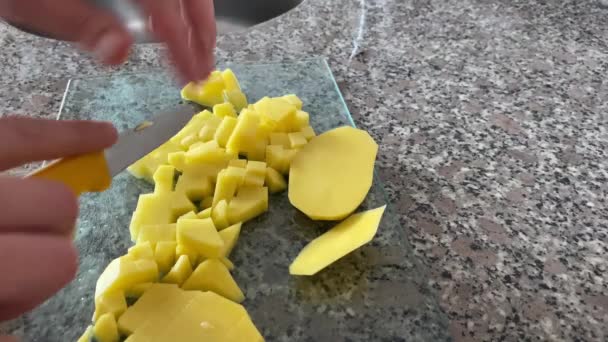 Mushoom en aardappel bereiden met roerei in de pan van dichtbij bekijken - Video