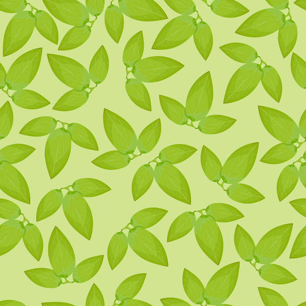  Płynny wzór zielonych liści kwiatów powojnika na jasnozielonym tle - Wektor, obraz