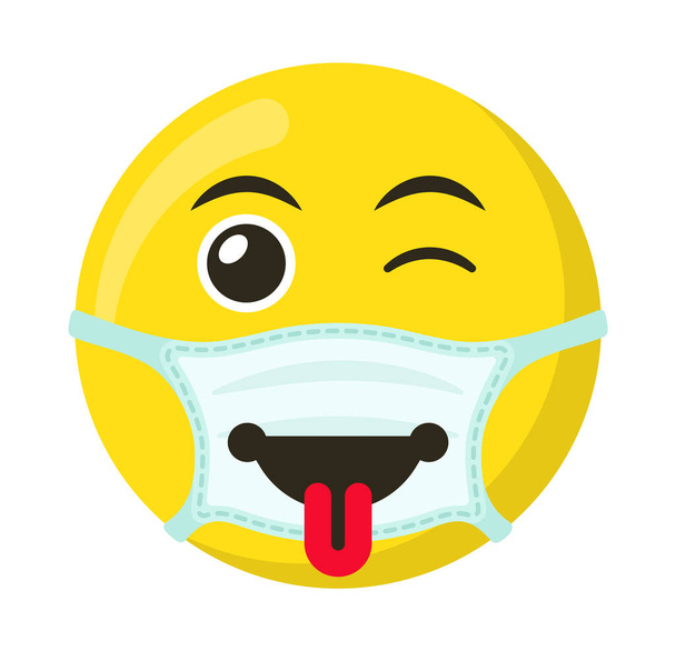 Yellow emoticon and emoji smile in the medical mask, flat vector illustration - Vector, Image