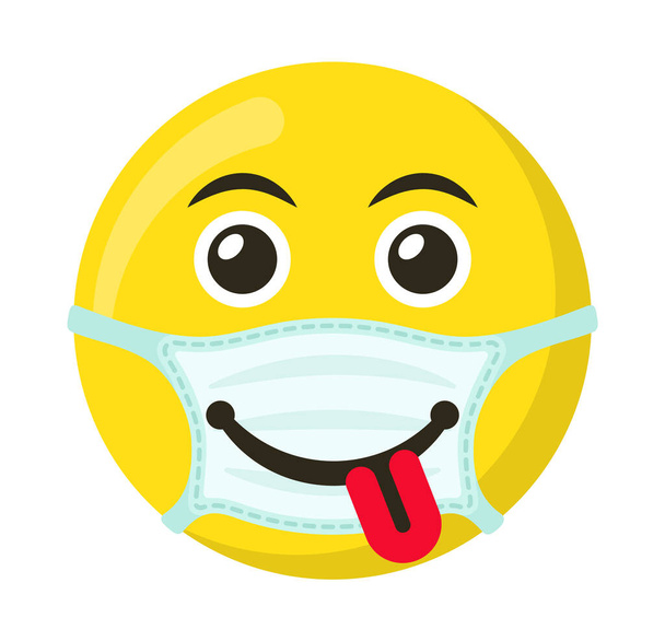 Yellow emoticon and emoji smile in the medical mask, flat vector illustration - Vector, Image
