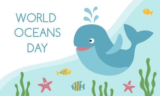 Πρότυπο παγκόσμιας ημέρας ωκεανών. Χαριτωμένη χαμογελαστή φάλαινα, ψάρια και αστερίες κάτω από το νερό. Πρότυπο κάρτας, αφίσας, banner. - Διάνυσμα, εικόνα