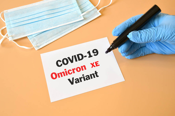 Covid-19 yeni Omicron XE. Mavi eldivenli doktorun eli beyaz kağıda "Covid-19 Omicron XE" yazıyor. Tıbbi yüz maskesi. Yeni Covid 19 Omicron varyantı için kavram - Fotoğraf, Görsel