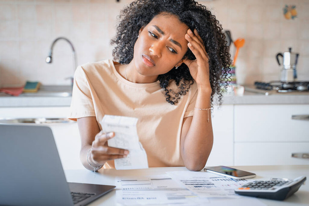 One sad black woman with home finances problem - Fotoğraf, Görsel