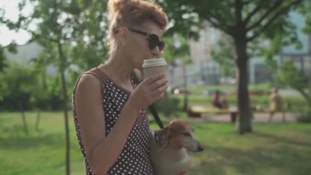 Mujer madura y delgada paseando a su perro salchicha en una bolsa de transporte y bebiendo café para ir en el soleado clima de verano - Imágenes, Vídeo