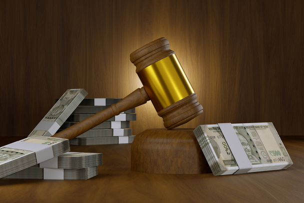 Судья молоток на деревянном столе с индийскими рупиями 500 Валютные ноты, справедливость или юридическая концепция - 3D иллюстрация - Фото, изображение