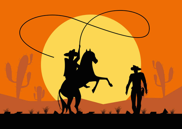 cowboyok kötéllel és lóval - Vektor, kép