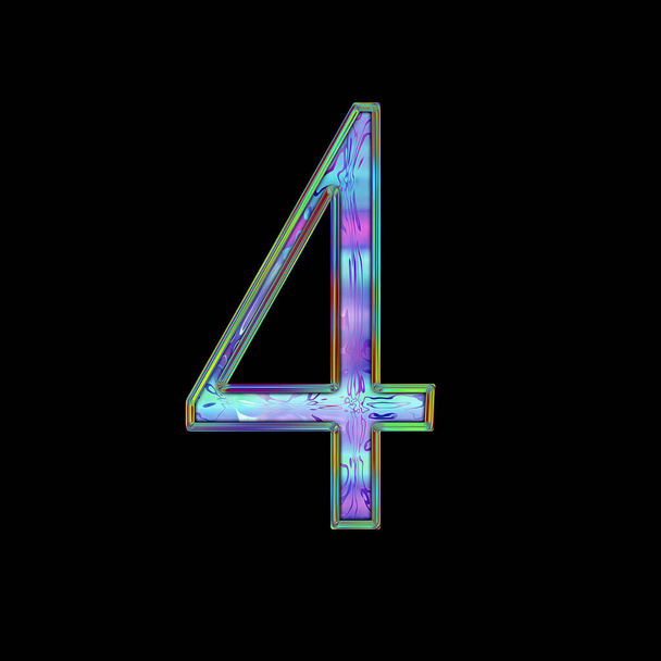 Holographic shiny number four. Psychedelic chrome creative design for title, stickers, lettering. Colorful number 4 isolated on black background. Vibrant gradient. - Photo, Image