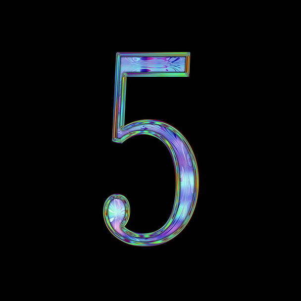 Holographic shiny number five. Psychedelic chrome creative design for title, stickers, lettering. Colorful number 5 isolated on black background. Vibrant gradient. - Photo, Image