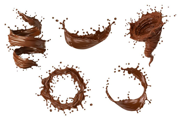 Gerçekçi çikolatalı süt kasırgası kasırgası, kasırga ve sıçramalar. Vector kahve, kakao izole edilmiş kahverengi tatlı akıntısı ve damlalar. Sıvı damlacıklı çikolata fırtınası - Vektör, Görsel