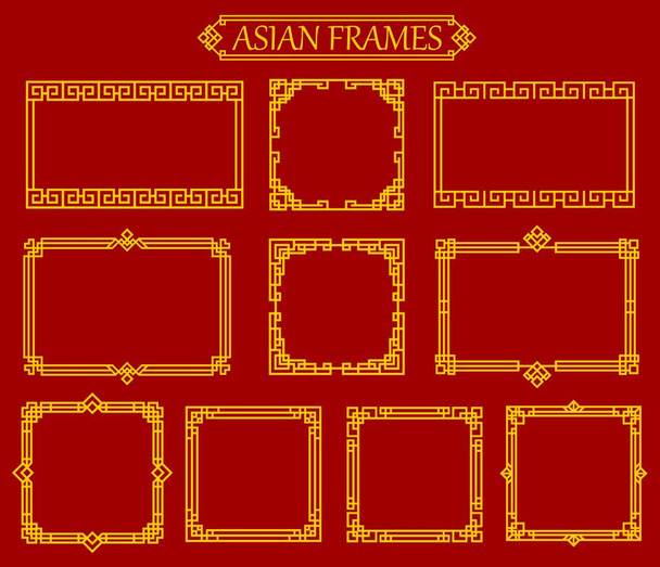 Asian square and rectangular chinese, japanese, korean frames and borders. Vector gold photo frames with traditional asia knot ornaments, embellishment or patterns. Oriental graphic vintage decor set - Vettoriali, immagini