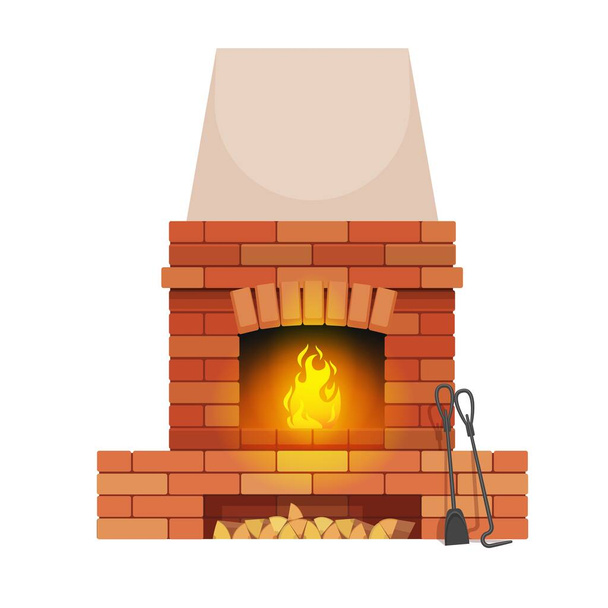 Brickstone fireplace with wood chunks and fire pit tools. Home classic fireplace, dwelling isolated vector open hearth, house heating equipment with flaming fire, poker stick and shovel - Vector, Image