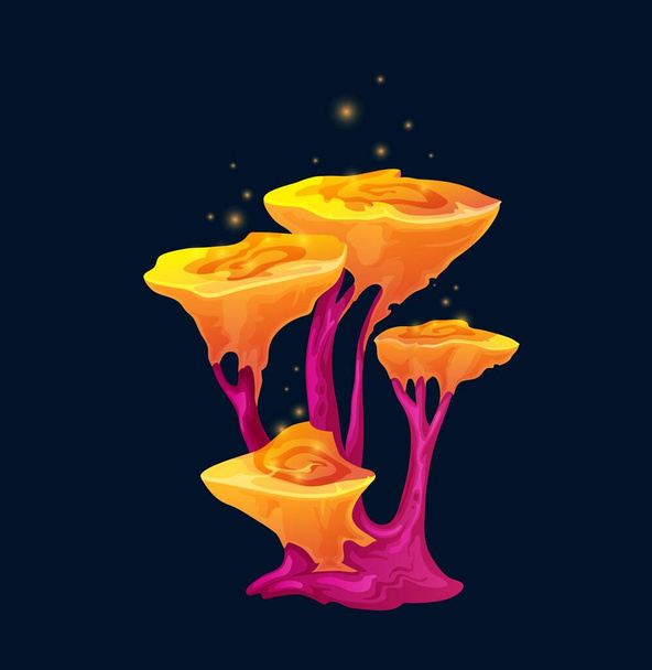 Волшебный ядовитый желтый гриб с блестками. Векторный светящийся гриб со странной спиральной светящейся крышкой. Необычная сказочная игра с яркой светящейся шляпой. Природная стихия, мультяшное растение - Вектор,изображение