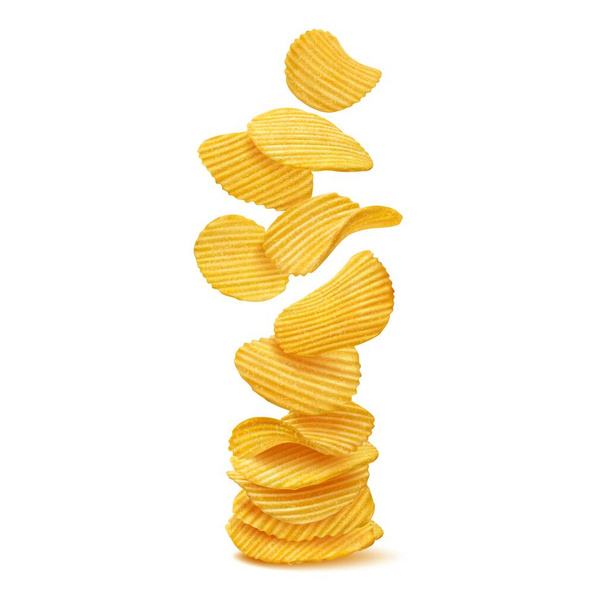 Stack, pile and heap of ripple crispy potato chips, vector junk food, fried snack dish or salty crisps portion. Realistic 3d thin slices of crunchy potato with salt and spices, falling ripple chips - Vector, Image