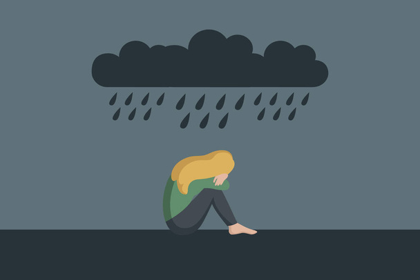 magányos depressziós lány ül egyedül az esőben - Vektor, kép