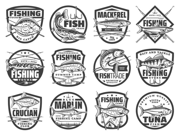 Balıkçılık sporu ikonları, balıkçılık kulübü ve balık amblemleri, vektör somon balığı ve ton balığı avı. Balıkçılık turnuvası ve kamp rozeti şarkıları, nehir turnabalığı, okyanus balığı, uskumru, dil balığı ve levrek. - Vektör, Görsel