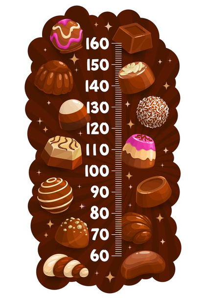 Tableau de taille pour enfants avec massepain au chocolat, truffe, praliné, nougat, bonbons aux noix rôties. Échelle de règle de mesure de croissance pour enfants avec bonbons pralinés au chocolat, flocons de noix de coco et crème - Vecteur, image