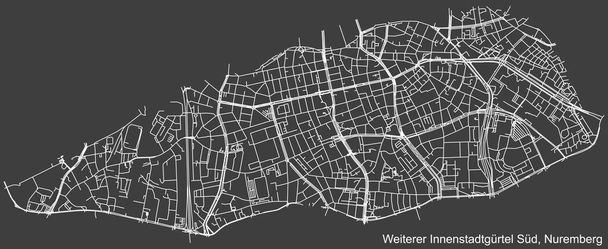 Detailní negativní navigace bílé čáry městské ulice mapa STATISTISCHER STADTTEIL 1 (WEITERER INNENSTADTGRTEL SD) DISTRICT německého hlavního města Norimberku, Německo na tmavě šedém pozadí - Vektor, obrázek