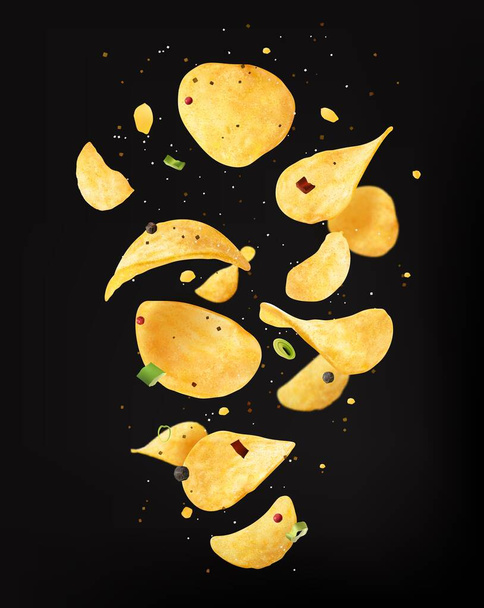 Frites de pommes de terre ondulées croustillantes avec oignon et épices. Collation croquante vectorielle 3D réaliste en mouvement. Délicieuse publicité alimentaire, promotion de repas croustillants avec des jetons tombent sur fond noir - Vecteur, image