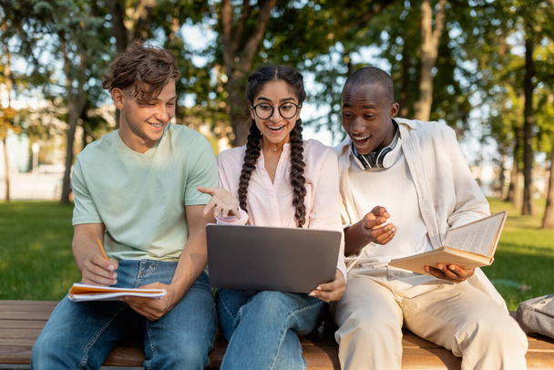 Accepted students. Joyful diverse friends celebrating success with laptop computer outdoors, sitting in parkland - 写真・画像